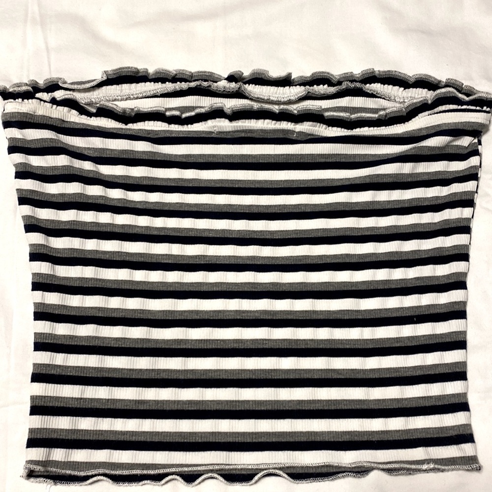 Striped Ribbed Tube Top with Soft Ruffle along Top - Picture 5 of 7